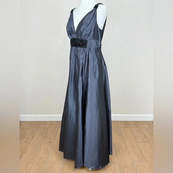 Rickie Freeman Teri John Silk Bead Embellished Silvery Blue Sleeveless Gown 12 - Picture 3 of 12